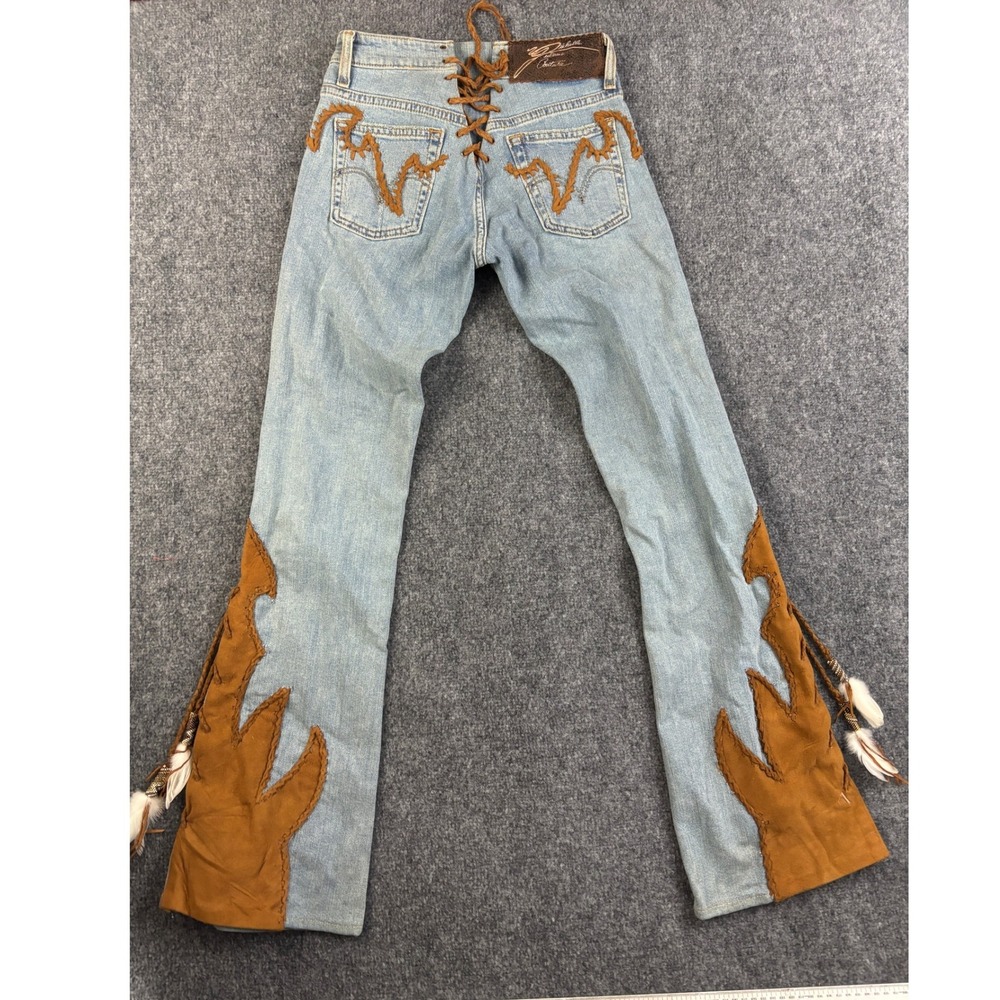 Michelle Julene Couture Levi's Upcycled Jeans Leather Fringe Lace Up OOAK - Picture 1 of 15